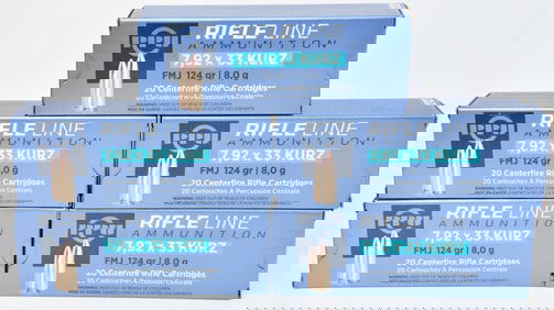 A Group of Five Boxes PPU Rifle Line 7,92 x 33 KURZ FMJ 124 gr Ammunition