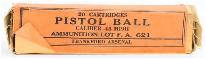 A WWII Era Frankford Arsenal .45 M1911 Pistol Ball Cartridge Box with Two Cartridges