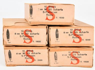 A Group of WWII German 8mm Mauser M. 30 Scharfe S-Patronen Ammunition, dated 1939