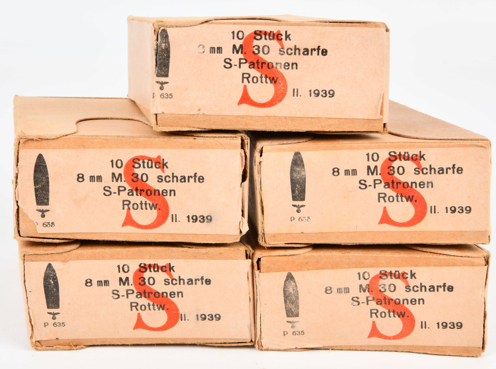 A Group of WWII German 8mm Mauser M. 30 Scharfe S-Patronen Ammunition, dated 1939: A group of WWII German 8mm Mauser M. 30 Scharfe S-Patronen ammunition, dated 1939. This lot comprises five vintage cardboard boxes, each clearly marked "10 Stück" (10 Pieces) of "8 mm M. 30 scharfe S