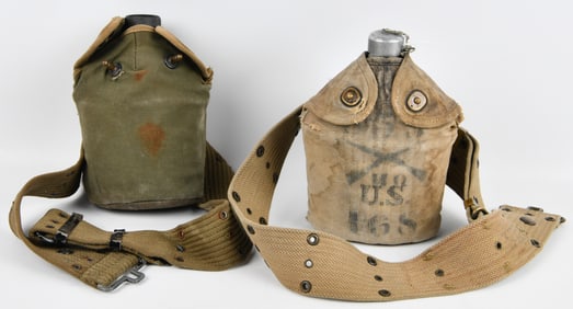 Two WWI and WWII U.S. Army Canteens with Covers and Belts
