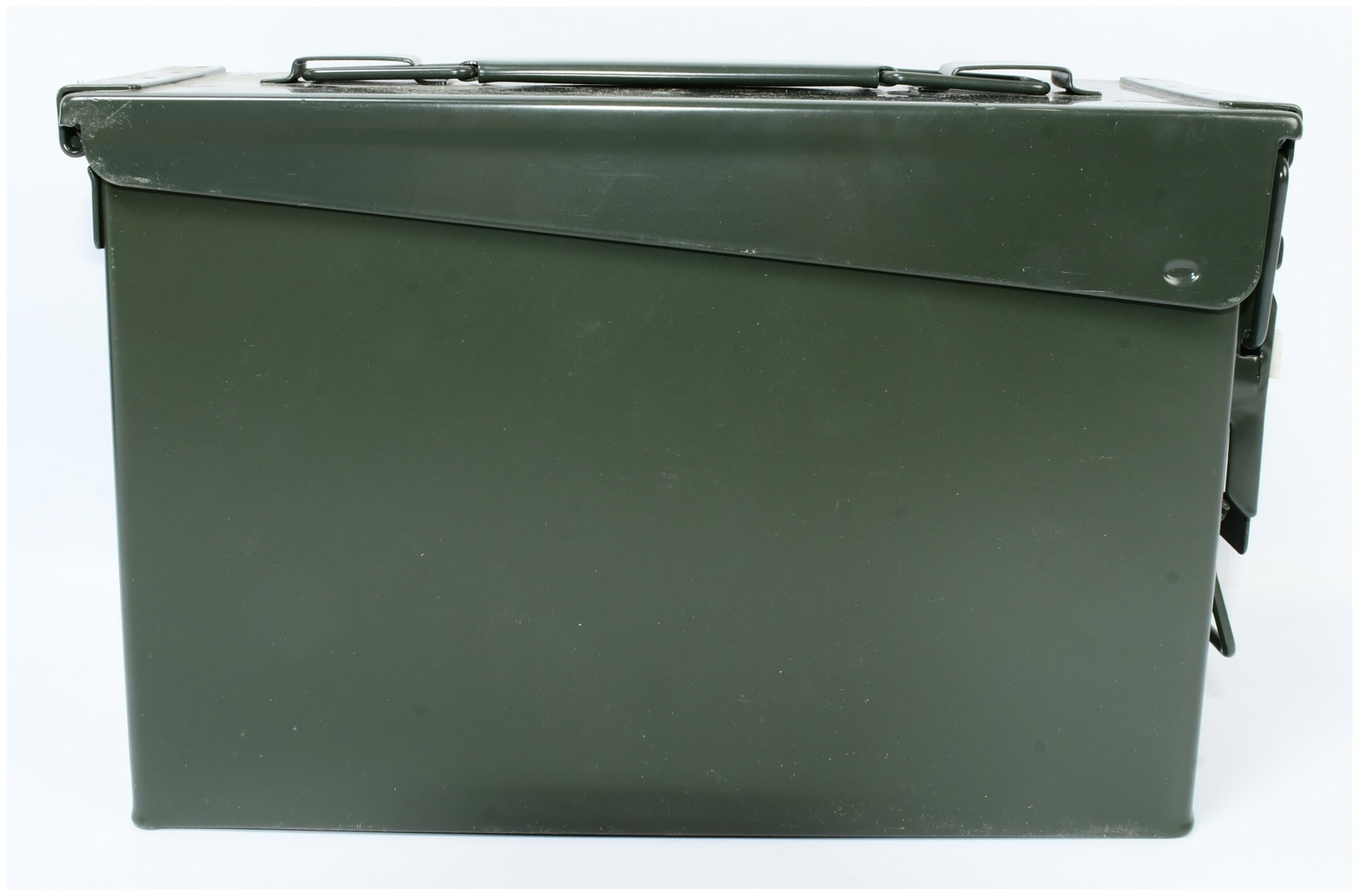 Military M19A1 .30 Caliber Ammunition Can: A Military M19A1 .30 Caliber Ammunition Can. This olive drab, rectangular metal storage container is constructed from painted sheet metal. It features a hinged lid with a carrying handle and a front l