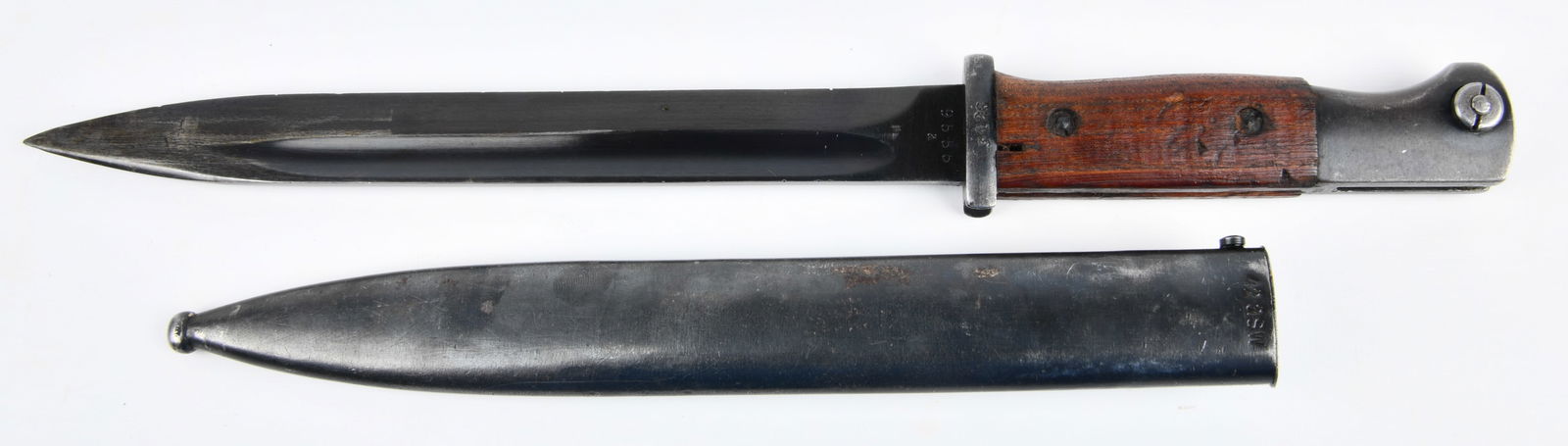WWII German K98 Mauser Bayonet with Scabbard: A WWII German K98 Mauser Bayonet with Scabbard. The bayonet features a blued steel blade, a steel guard and pommel, and a two-piece wooden grip secured by screws. The blade ricasso is stamped with "S
