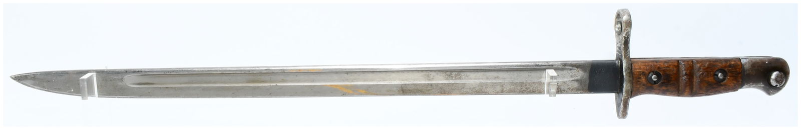 A World War I Era Military Bayonet/Knife, Dated 1913/1916: This military-style bayonet or knife features a steel blade with a single fuller on one side and a clipped point. The hilt comprises a metal crossguard, two-piece wooden grip scales secured by two scr