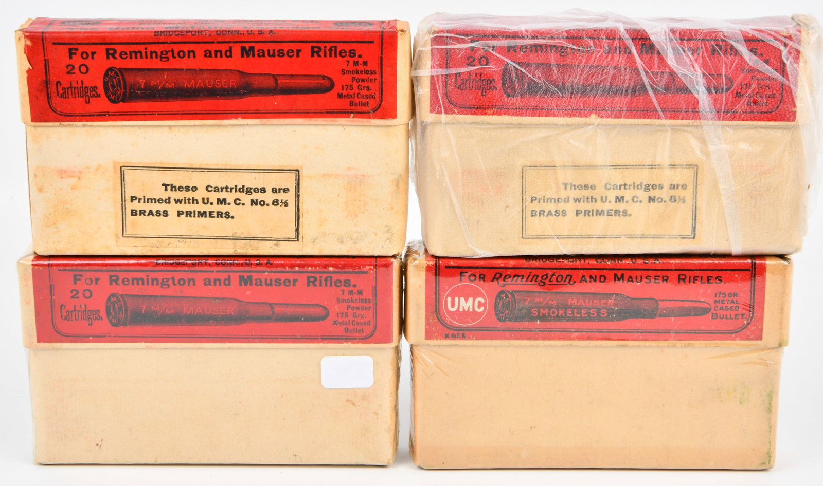 A Group of Vintage Union Metallic Cartridge Co. 7mm Mauser Ammunition Boxes: A group of four vintage cardboard boxes of Union Metallic Cartridge Co. 7mm Mauser ammunition. Each box contains twenty 7 M/M Mauser smokeless central fire rifle cartridges, manufactured by The Union 