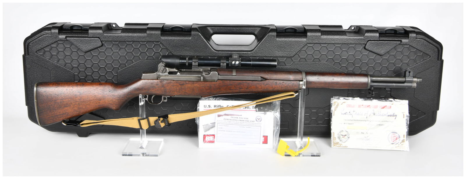U.S. Springfield Armory M1C Garand Sniper Rifle with M82 Telescope and CMP Documentation: A U.S. Springfield Armory M1C Garand Sniper Rifle, a semi-automatic military sniper variant from the mid-20th century, accompanied by an M82 Telescope and Civilian Marksmanship Program (CMP) documenta