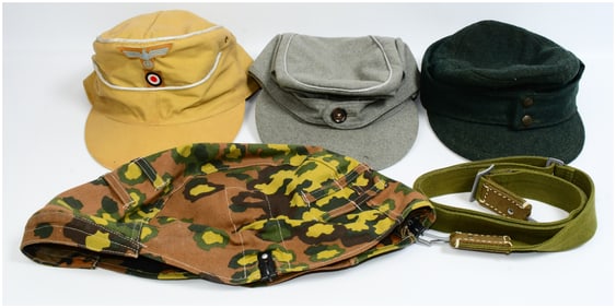 A Group of Four Vintage Military-Style Field Caps and a Canvas Strap