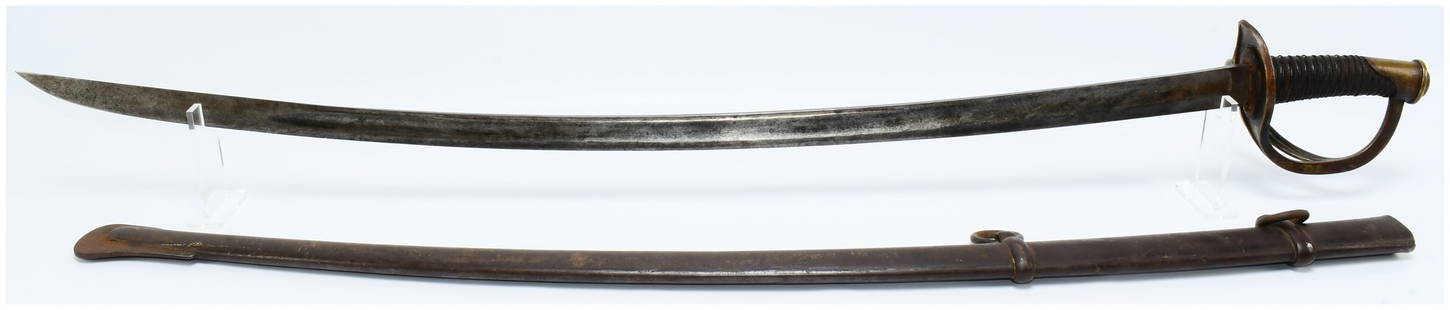 U.S. Model 1860 Light Cavalry Saber: A U.S. Model 1860 Light Cavalry Saber, complete with its accompanying metal scabbard. The scabbard bears an indistinct inscription near the drag, which appears to read 'Manuf. Rle de Chatellerault', i