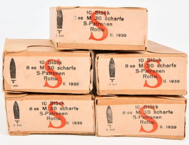 Five WW2 German 8mm M.30 Mannlicher Scharfe S-Patronen Ammunition Boxes (1939) with Ten Cartridges