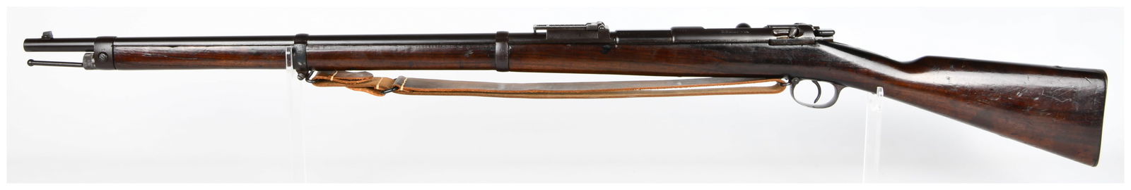 Antique German Mauser I.G. Mod. 71/84 Bolt-Action Military Rifle, Spandau 1888: An antique German bolt-action military rifle, identified by receiver markings as an "I.G. Mod. 71/84" (Infanterie-Gewehr Modell 71/84), a variant of the Mauser Model 1871/84. The rifle features a dark
