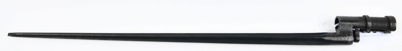 A Russian Mosin Nagant M1891/30 Spike Bayonet: A Russian Mosin Nagant M1891/30 Spike Bayonet, crafted from dark-finished metal. The bayonet features a distinctive spike-like blade with a triangular cross-section and an unsharpened point. It is equ