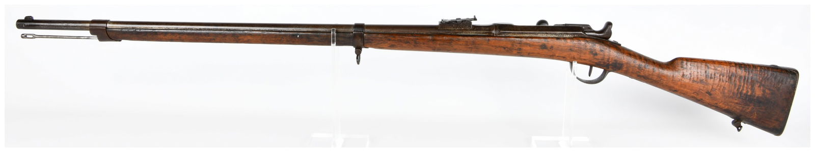 Model 1866 Chassepot Bolt-Action Military Rifle: An antique French Model 1866 Chassepot bolt-action military rifle, Rare variation, this particular rifle was captured by the Germans and reintroduced into German service during the the Franco-Prussian