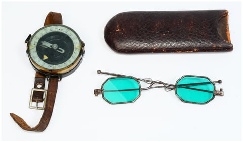 A Collection of Civil War Era Green-Tinted Spectacles with Case, and a Wrist Compass