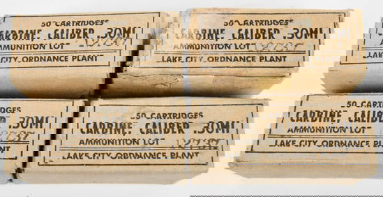 Four Vintage Lake City Ordnance Plant .30MI Carbine Ammunition Boxes with Cartridges