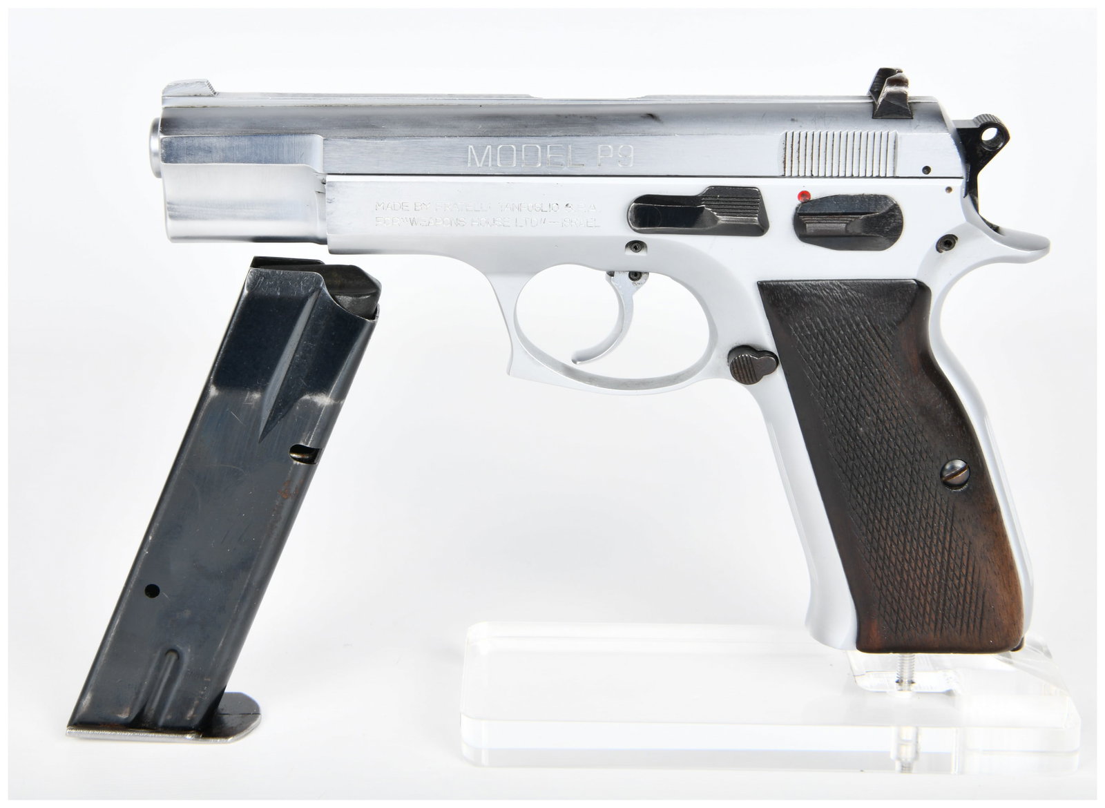 Tanfoglio Witness Model P9 Semi-Automatic Pistol, 9mm Parabellum, "Mossad" Variant: A Tanfoglio Witness Model P9 semi-automatic pistol with a silver-toned finish, dark checkered wood grip panels, and black controls. The pistol is marked 'MODEL P9,' 'MADE BY FRATELLI TANFOGLIO S.P.A.,