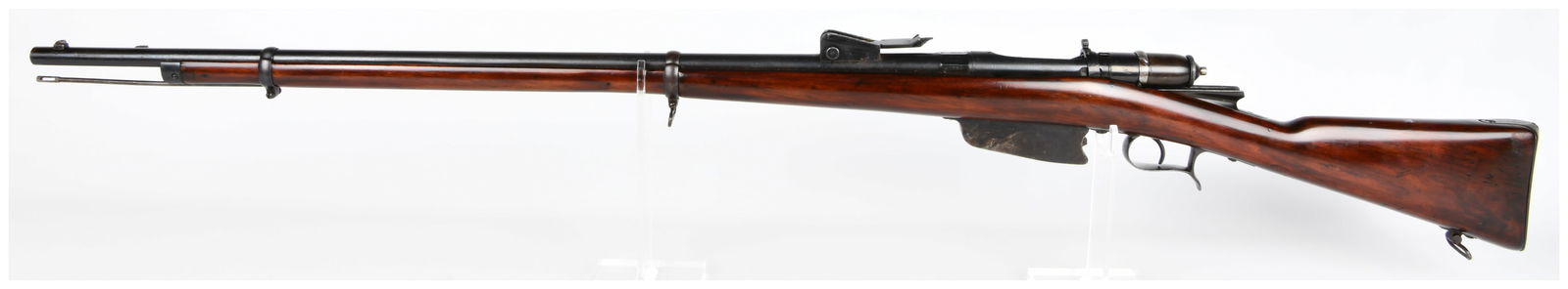 Italian Vetterli Model 1870/87/15 Bolt-Action Rifle, Torre Annunziata, Dated 1890: An Antique Italian Vetterli Model 1870/87/15 bolt-action military rifle. This example features a full-length, dark reddish-brown wooden stock and blued or patinated metal components, including a long