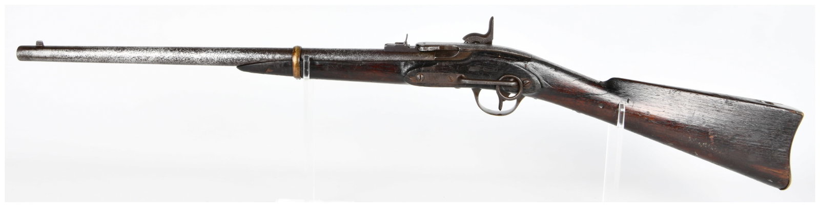 U.S. Civil War J.H. Merrill Second Type .54 Caliber Carbine: A mid-19th century U.S. Civil War J.H. Merrill Second Type .54 Caliber Carbine. This antique breech-loading percussion carbine is primarily constructed from dark stained wood and iron/steel components