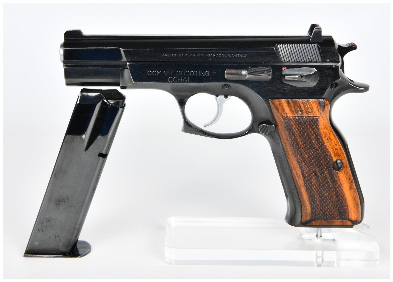 Tanfoglio TA90 Combat Shooting COHAI 9mm Semi-Automatic Pistol: A Tanfoglio TA90 Combat Shooting COHAI 9mm semi-automatic pistol. Constructed from blued metal with textured wooden grip panels. The slide is marked "TANFOGLIO GIUSEPPE - GARDONE V.T.- ITALY" and "COM