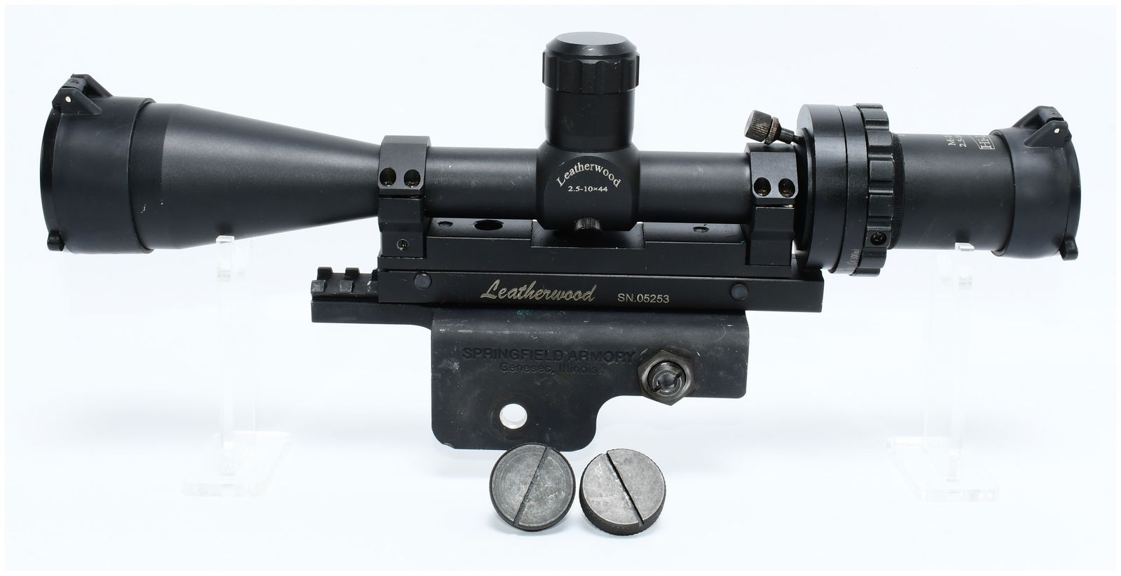 Leatherwood Hi-Lux Camputer ART M-1000 2.5-10x44 Rifle Scope with Springfield Armory Mount: A modern Leatherwood Hi-Lux Camputer ART M-1000 variable power rifle scope, finished in black, with specifications 2.5-10x44. The scope features a precision mil-dot style reticle visible through the e