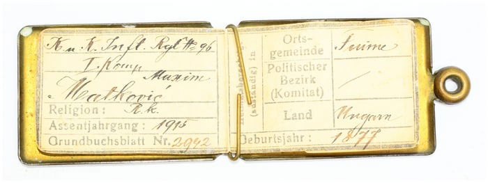 Austro-Hungarian WWI Brass Legitimationskapsel of Maxim Mathkovic