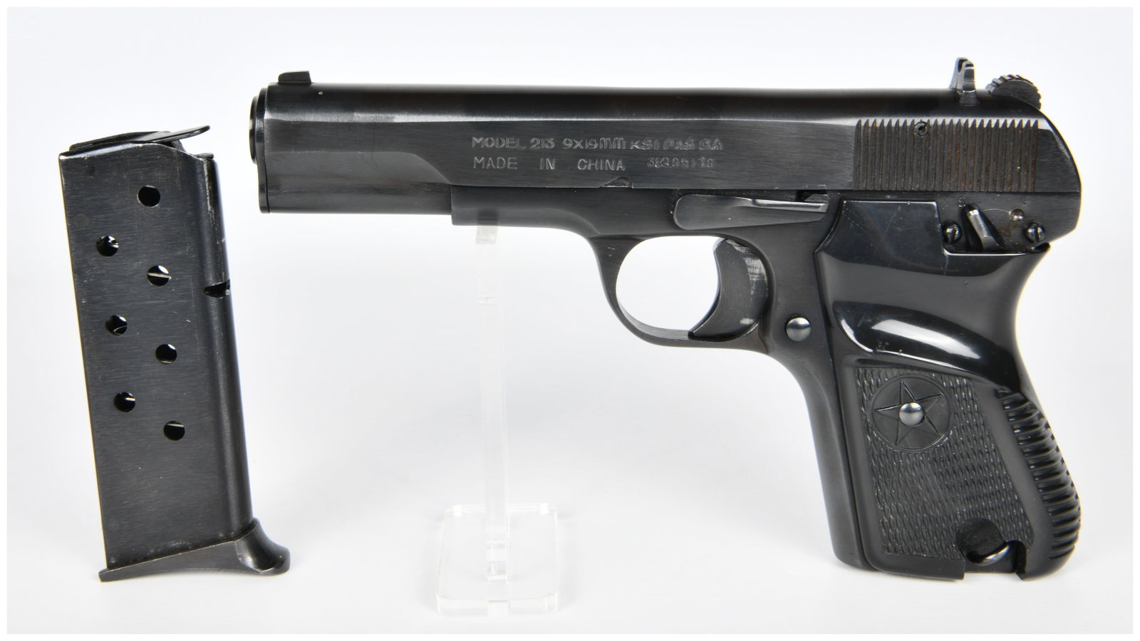 Norinco Model 213 9x19mm Semi-Automatic Pistol: A Norinco Model 213 9x19mm semi-automatic pistol, crafted primarily from blued steel with a black checkered polymer grip. Visible markings on the slide include "MODEL 213 9X19MM KSI PAS GA", "MADE IN 