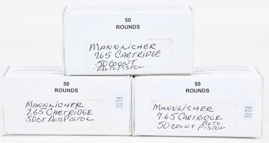 Three Boxes of Mannlicher 7.65 Auto Pistol Cartridges, 50 Rounds Each