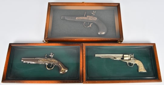 Three Vintage Turner Mfg. Co. Framed Pistol Wall Accessories, Circa 1960