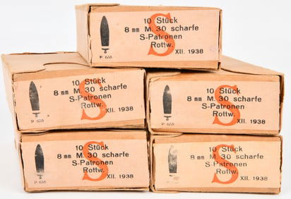 A Group of WWII German 8mm M.30 Scharfe S-Patronen Ammunition with Stripper Clips, Dated 1938
