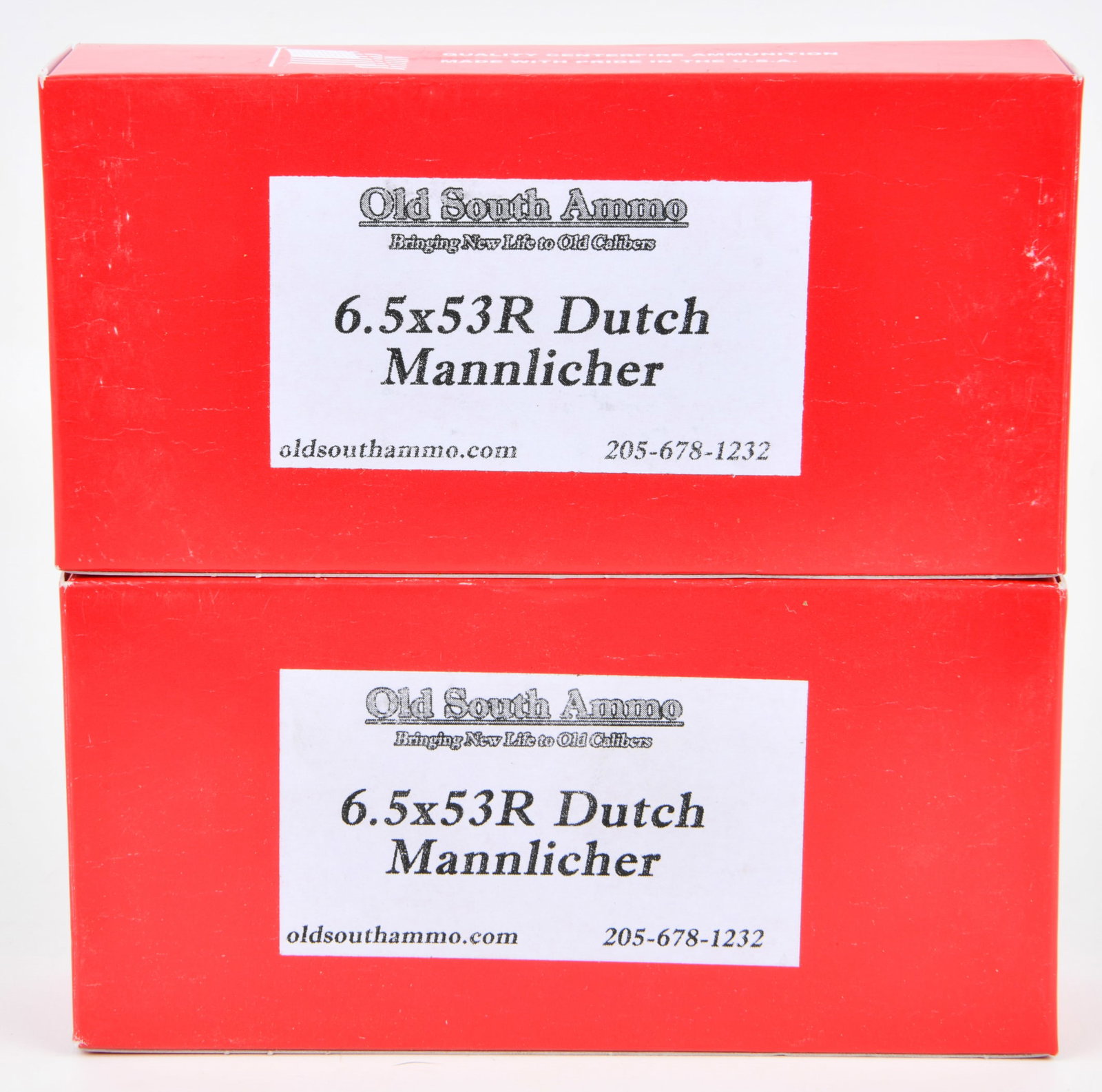 Two Boxes of Old South Ammo 6.5x53R Dutch Mannlicher Ammunition, 40 Rounds: Two red cardboard boxes of Old South Ammo 6.5x53R Dutch Mannlicher ammunition. Each box features a white label with "Old South Ammo," the slogan "Bringing New Life to Old Calibers," and identifies the