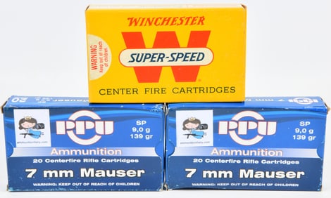 Three Boxes of 7mm Mauser Rifle Ammunition by Winchester and PPU