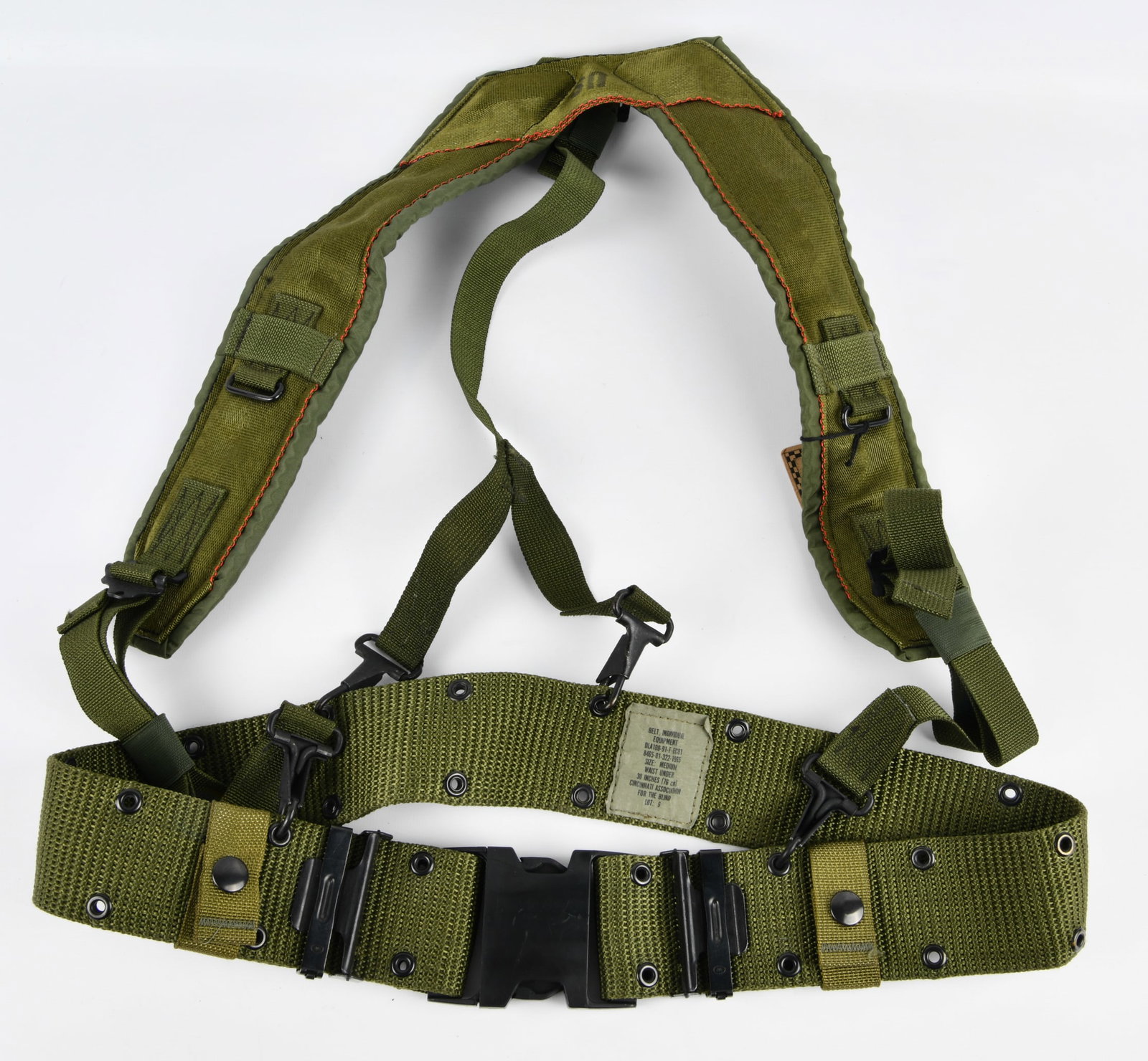 U.S. Army ALICE LC-1 Individual Equipment Pistol Belt and Suspenders Set, 1991 Contract, Medium: A U.S. Army ALICE (All-purpose Lightweight Individual Carrying Equipment) LC-1 Individual Equipment Pistol Belt and Suspenders Set. This set, contracted in 1991 under DLA100-91-F-EC81, was manufacture