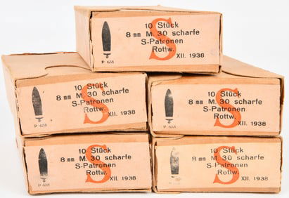 A Group of Five 1938 WWII German 8mm M.30 Scharfe S-Patronen Ammunition Boxes with Cartridges and
