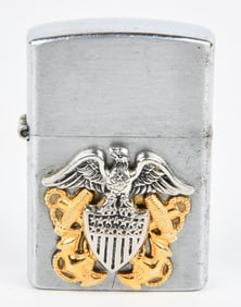 Vintage TRISONS Japan Zippo-Style Metal Flip-Top Lighter with U.S. Navy Chief Petty Officer Insignia