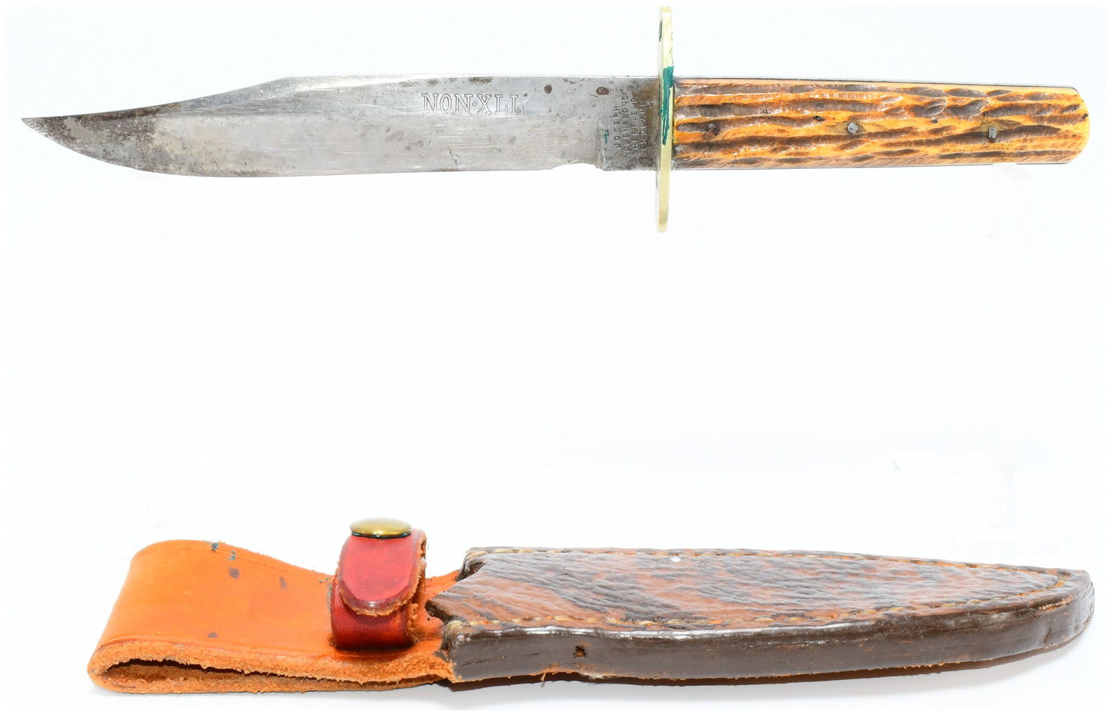 c1900 Joseph Allen & Sons Sheffield England NON-XLL Bowie Knife with Sheath: A c1900 Joseph Allen & Sons Sheffield England NON-XLL Bowie Knife. This fixed-blade knife features a Bowie-style clip point metal blade with a visible full tang, clearly marked "NON-XLL" and "JOSEPH A