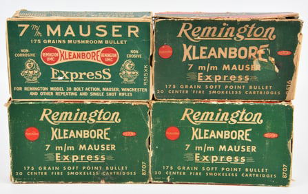 Four Vintage Remington Kleanbore Express 7mm Mauser 175-Grain Ammunition Boxes