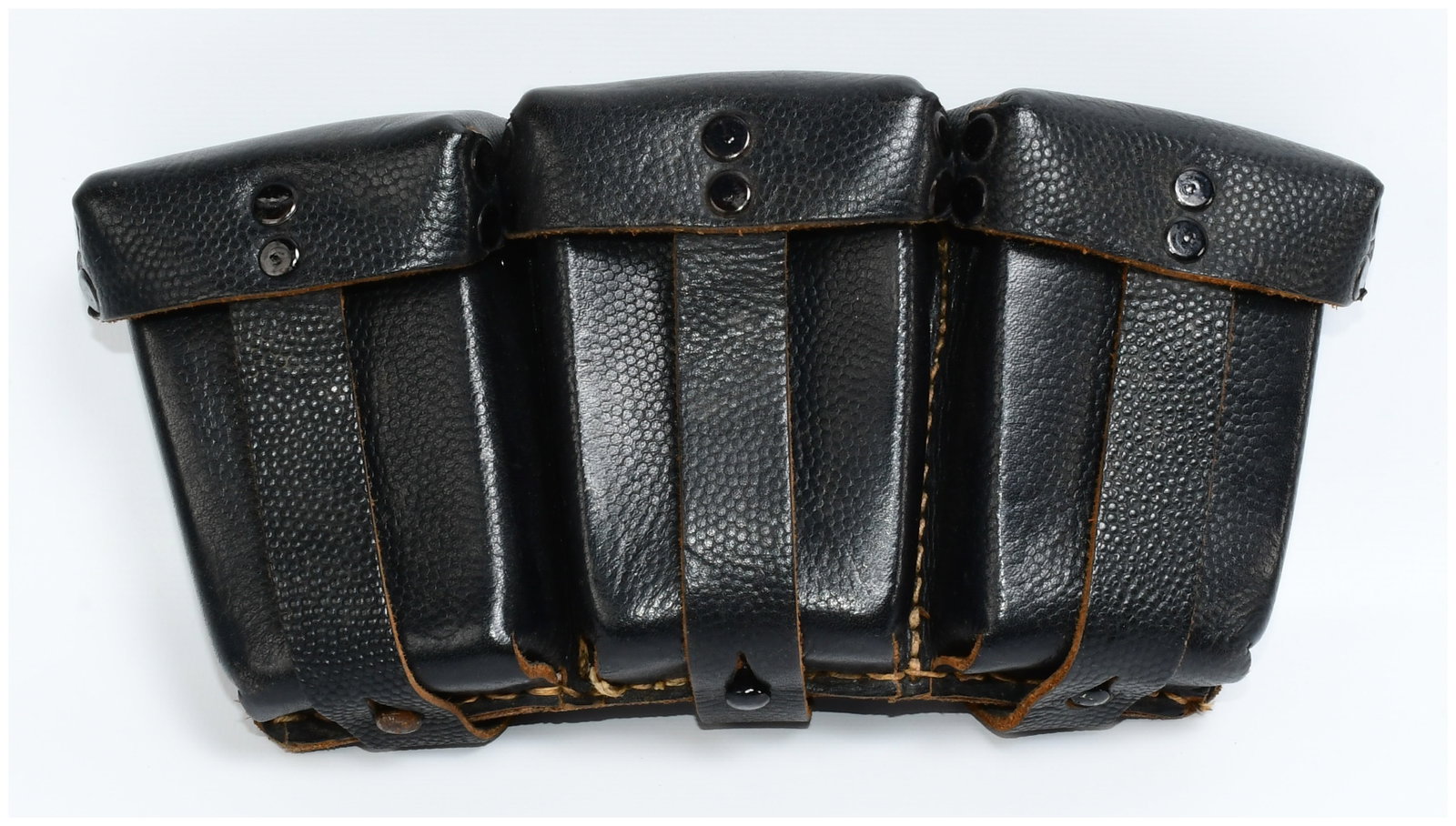 Original WW2 German K98 Ammunition Pouch with RBNr.: An original World War II German K98 ammunition pouch. Crafted from black pebbled leather, this triple-cell pouch features three individual compartments, each secured by a flap with a single black meta