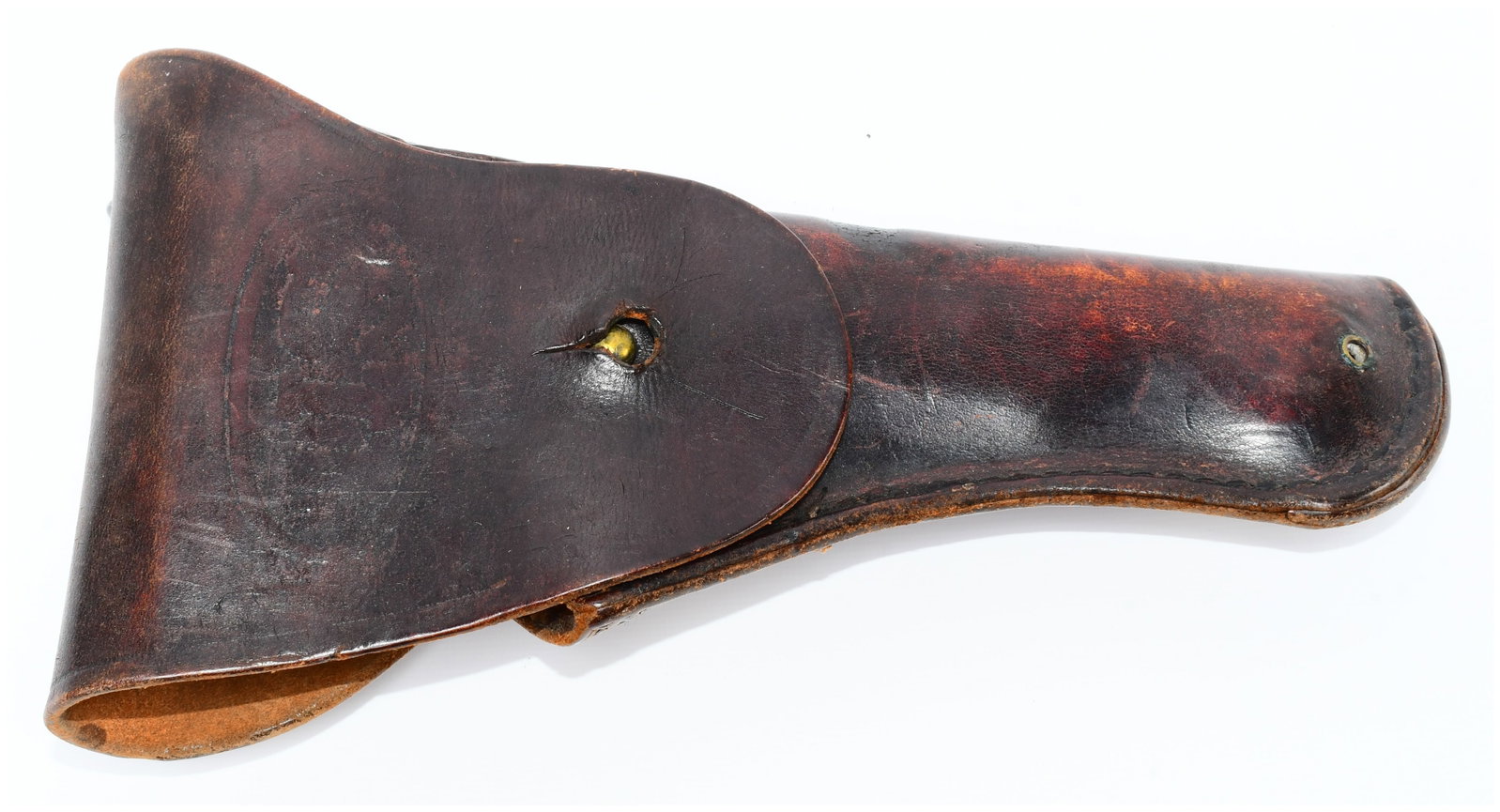 WWII US Army M1916 Holster by Graton & Knight Co. for Colt M1911, Dated 1938: An original WWII US Army M1916 full-flap firearm holster manufactured by Graton & Knight Co. for the Colt M1911 pistol. Constructed from dark brown leather with integrated metal hardware, including be