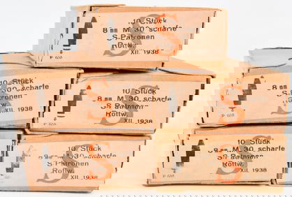 1938 German Mauser 8mm M.30 Scharfe S-Patronen Ammunition, Five Boxes and Ten Loose Rounds