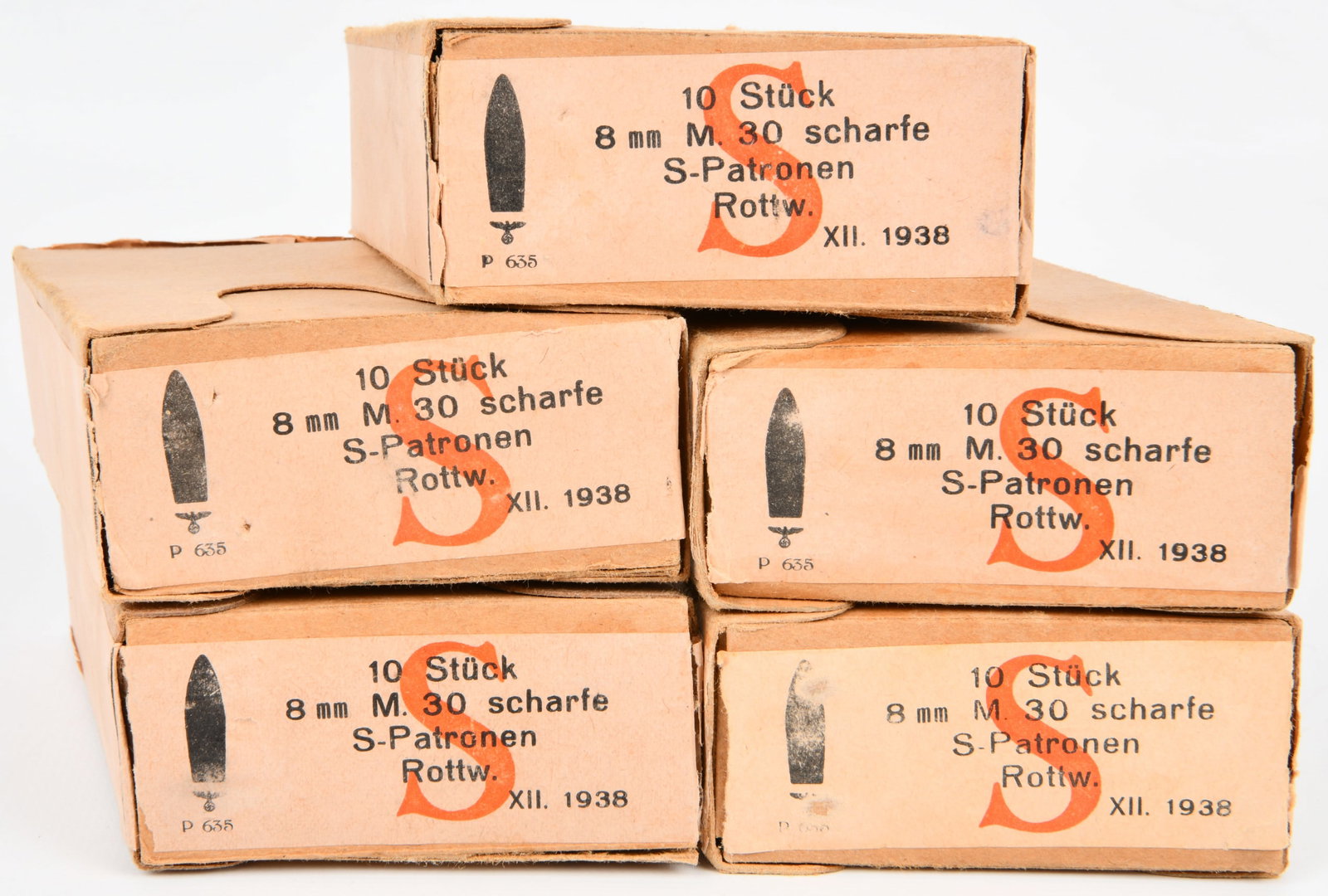1938 German Mauser 8mm M.30 Scharfe S-Patronen Ammunition, Five Boxes: This lot comprises five tan cardboard boxes of 1938 German Mauser 8mm M.30 Scharfe S-Patronen ammunition, accompanied by ten loose metallic cartridges secured in two stripper clips. Each cardboard box