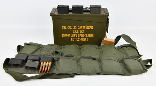 192 Rounds of .30-06 M2 Ball Ammunition in M1 Garand En Bloc Clips with Bandoleers and Ammo Can
