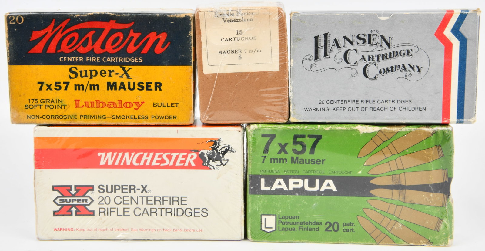 Five Boxes of 7x57mm Mauser Centerfire Rifle Ammunition, Various Manufacturers: This lot comprises five boxes of 7x57mm Mauser caliber centerfire rifle ammunition from various manufacturers. Brands include Western Super-X (175 grain Lubaloy Soft Point), Hansen Cartridge Company (