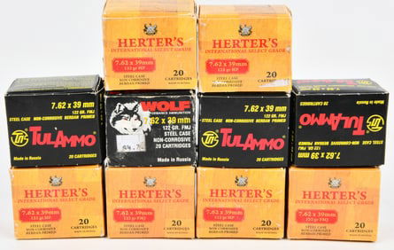 A Collection of Ten Boxes of Herter's, Tulammo, and Wolf Performance 7.62x39mm Ammunition