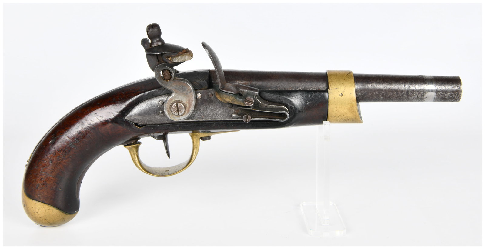 Napoleonic French Model An XIII Flintlock Cavalry Pistol, Imperial Manufacture of Saint-?tienne,: An antique French Model An XIII flintlock cavalry pistol, manufactured by the Imperial Manufacture of Saint-?tienne. The lock plate is clearly marked "Man[ufacture] imp[?riale] de St. Etienne," and th