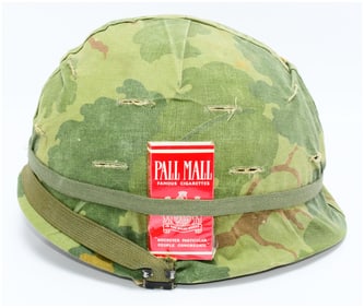 U.S. Vietnam War M1 Helmet with Mitchell Pattern Camouflage Cover and Pall Mall Cigarettes