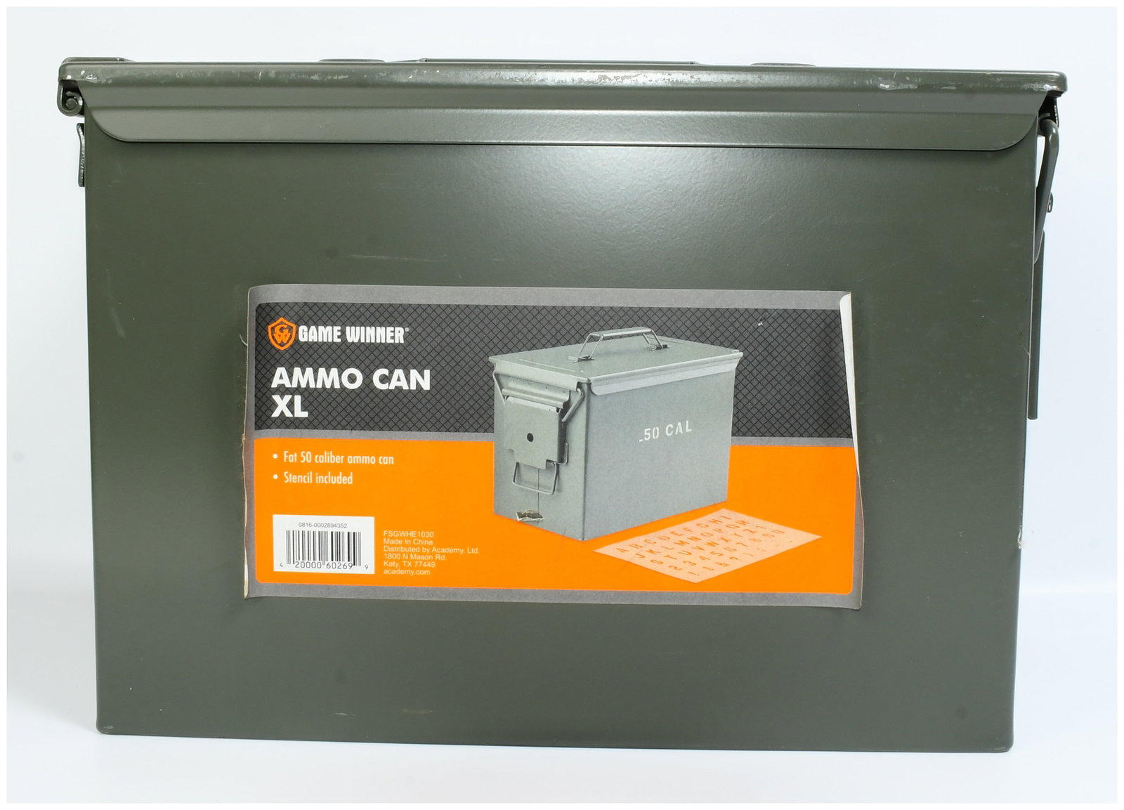 GAME WINNER AMMO CAN XL Olive Drab Metal Ammunition Can: A contemporary GAME WINNER AMMO CAN XL, identified on its retail sticker as fitting .50 caliber ammunition and including a stencil. Constructed from rectangular metal, finished in an olive drab green.