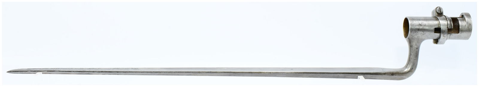 U.S. Model 1873 Socket Bayonet: A U.S. Model 1873 socket bayonet, constructed from patinated steel or iron. It features a cylindrical socket designed to fit over a musket barrel, complete with a locking ring and a lug cutout. The so