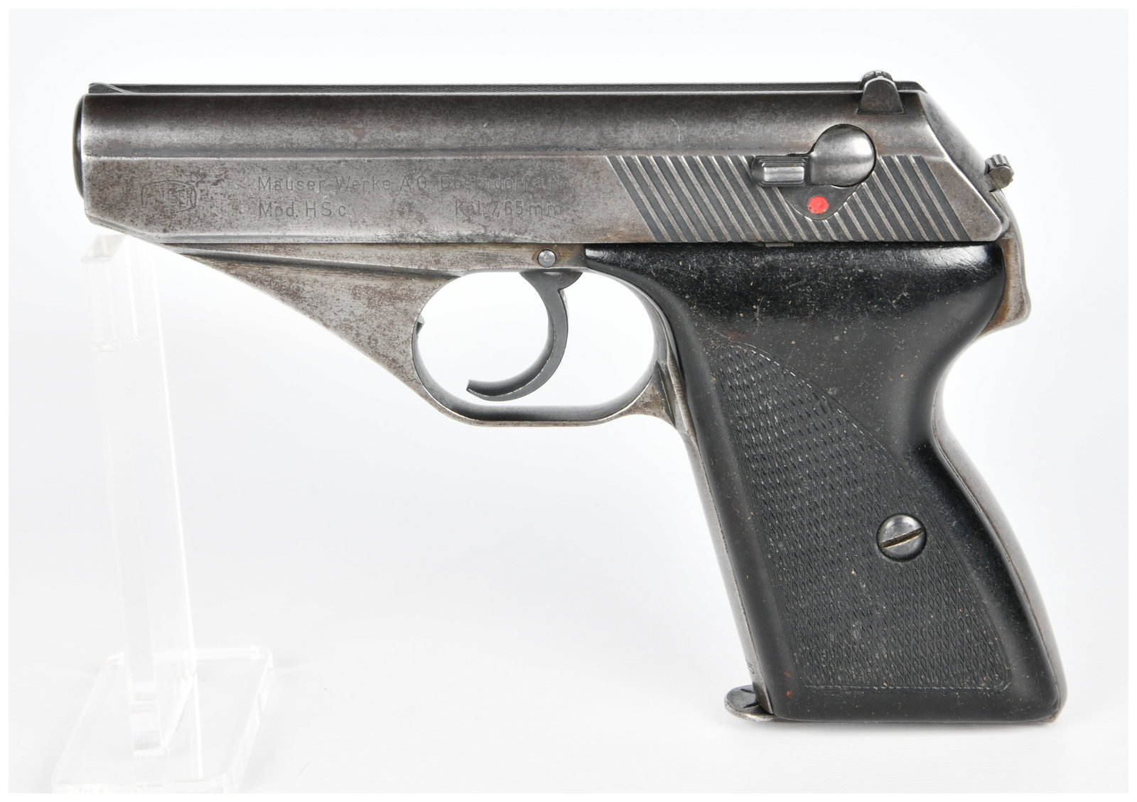 German Mauser HSc Semi-Automatic Pistol, Kal. 7.65mm: A German Mauser HSc semi-automatic pistol, identified by markings on the left side of the slide reading "Mauser-Werke AG Oberndorf a. N.", "Mod. H.S.c.", and "Kal. 7.65mm", alongside a distinct Mauser