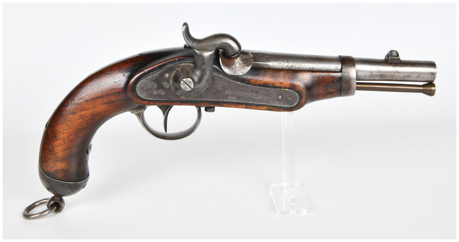 Antique Mid-19th Century K?NIGL.W?RT.FABRIK Percussion Pistol: An antique mid-19th century percussion pistol, likely of military or service type, manufactured by K?NIGL.W?RT.FABRIK (Royal W?rttemberg Factory). The pistol is crafted from a dark-grained wood stock 