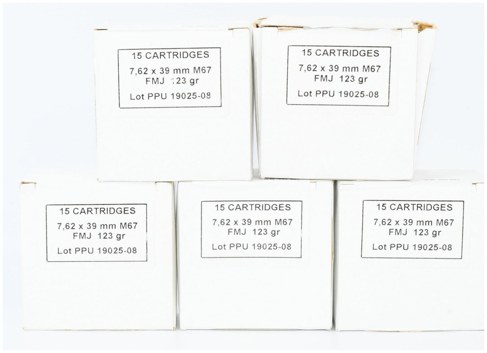 Prvi Partizan (PPU) 7,62 x 39 mm M67 FMJ 123 gr Ammunition, 75 Rounds, 2008: A lot of 75 rounds of Prvi Partizan (PPU) 7,62 x 39 mm M67 FMJ 123 gr rifle ammunition. This lot comprises five white cardboard boxes, each originally containing 15 cartridges. The boxes are labeled "