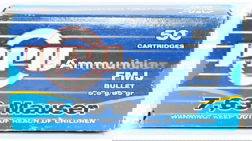 PPU 7.63 Mauser FMJ Ammunition, 50 Rounds